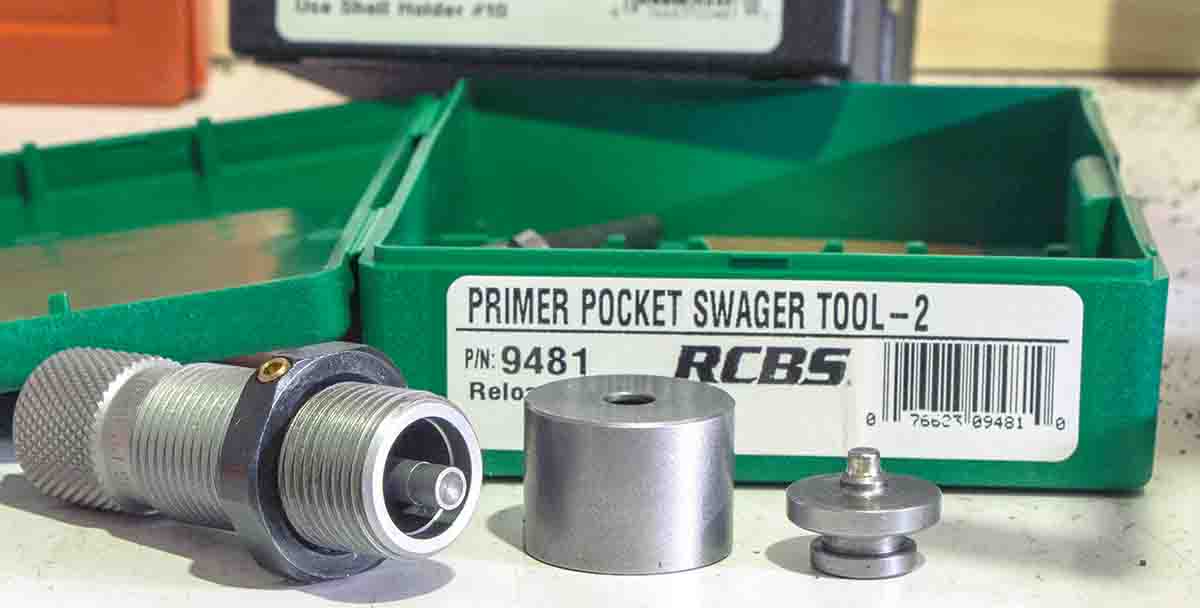 A lot of .223 Remington brass has crimped-in primers. To reload this brass, the crimp will need to be removed with special tooling such as the RCBS Primer Pocket Swager.